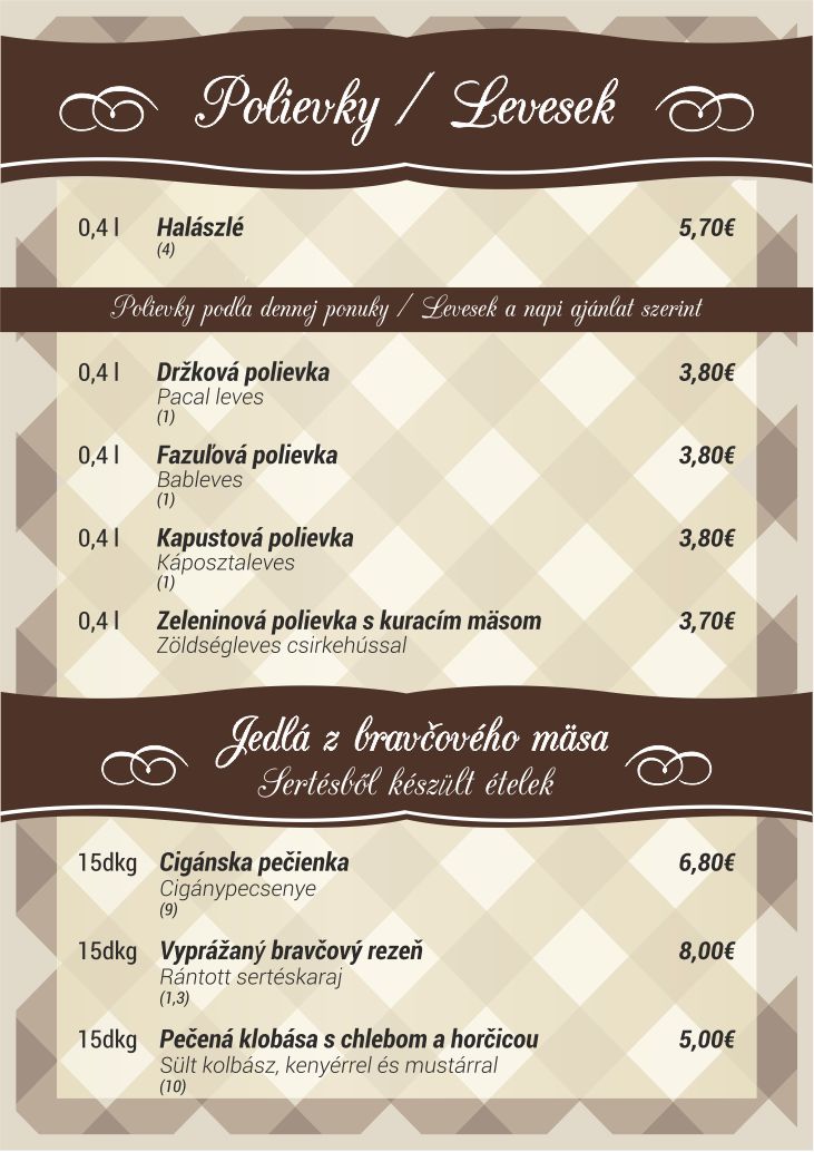 Reštaurácia Malom - Menu