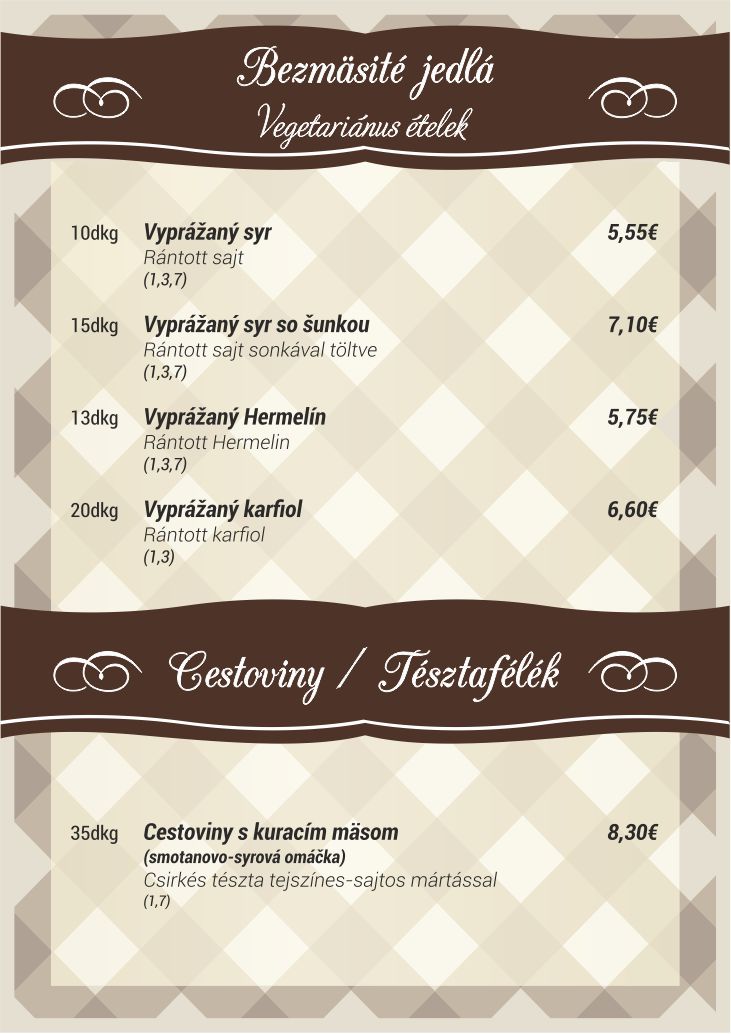 Reštaurácia Malom - Menu