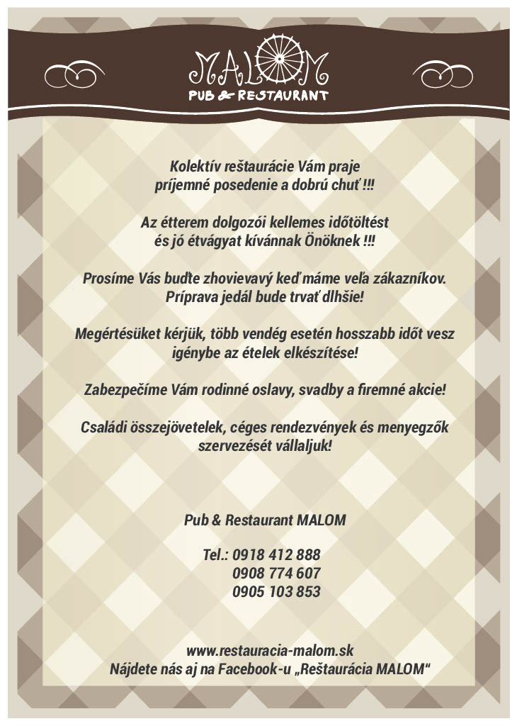 Reštaurácia Malom - Menu